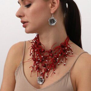 Red Leather Jewelry Set • Handmade Necklace, Earrings